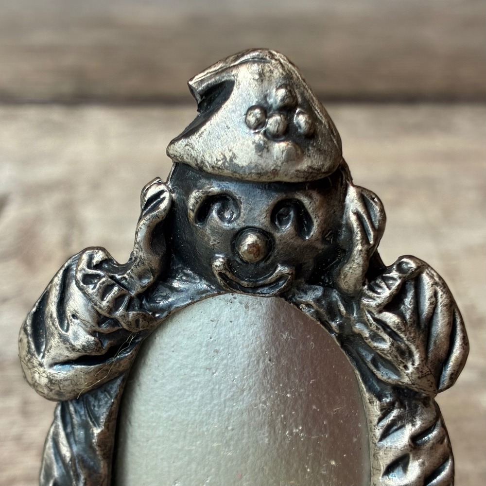 Vintage 2" Miniature Pewter Clown Picture Frame with Oval Opening